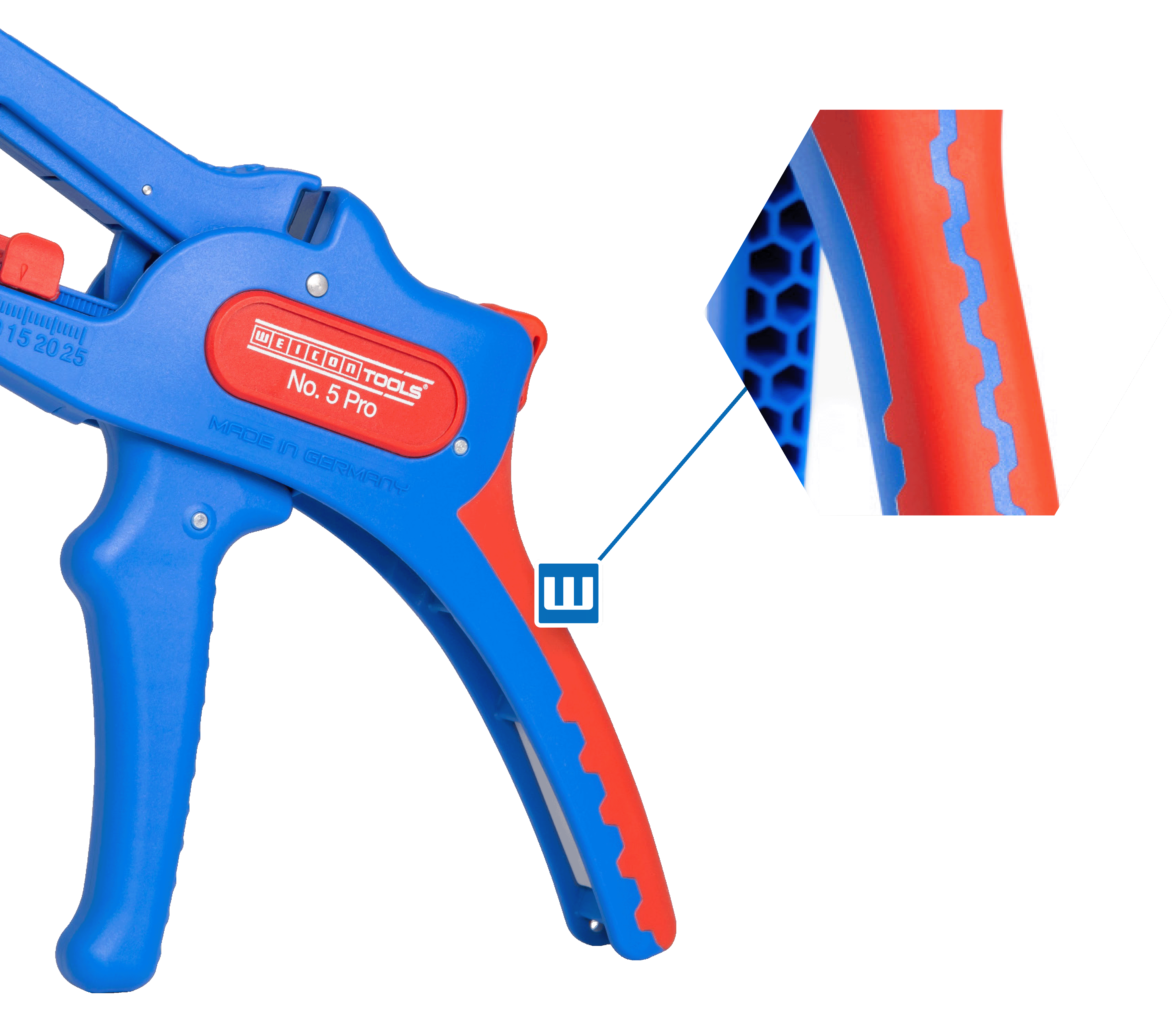 Abisolierzange Weicon Tools No. 5 Pro. Rechts daneben wird der Zweikomponentengriff in rangezoomz noch mal gezeigt