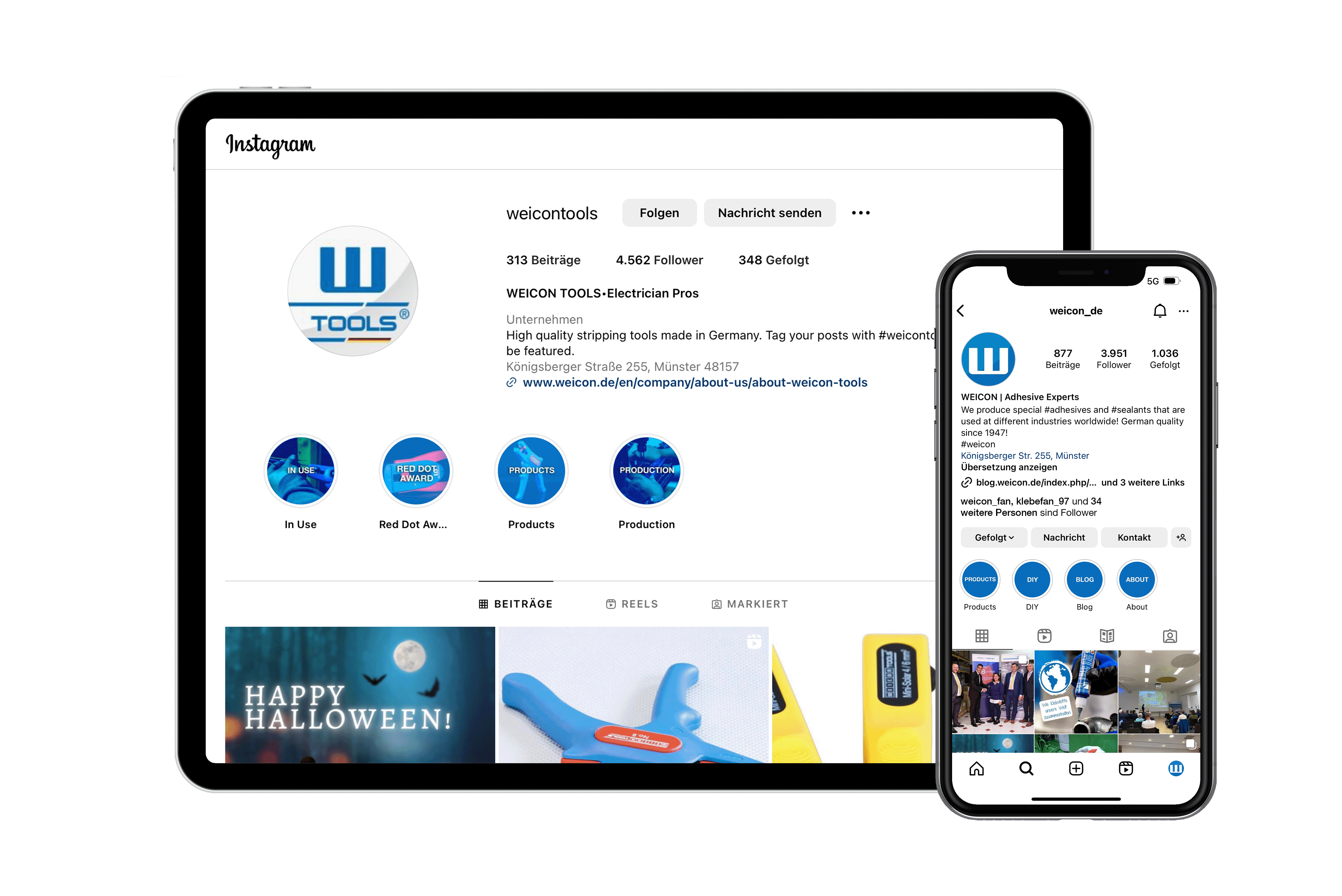 Laptop und Smartphone auf denen der Weicon Instagram-Feed zu sehen ist
