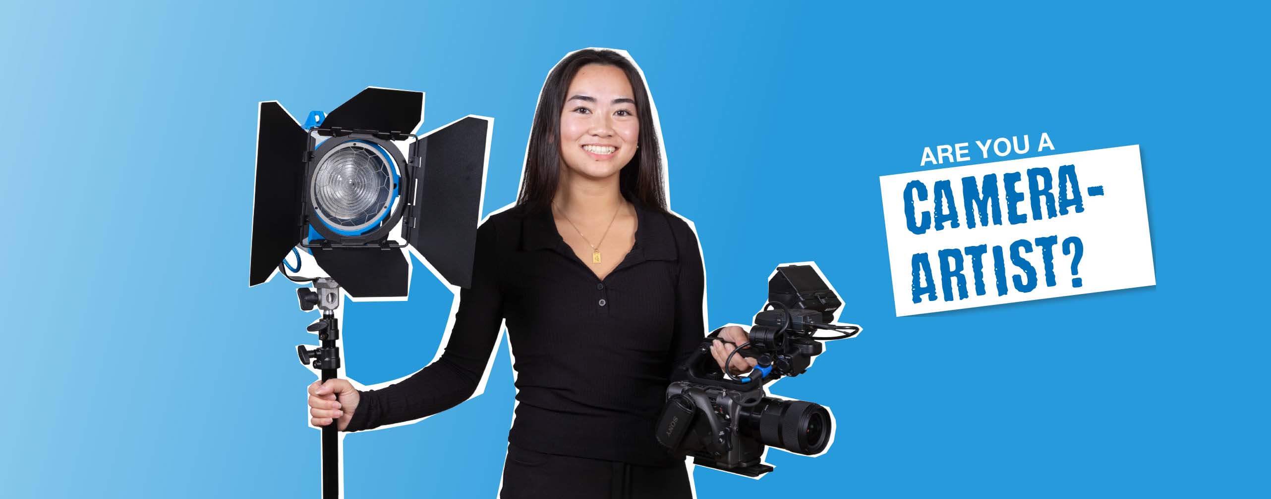 A young woman holding a camera and a lamp, accompanied by the text ‘Are you a camera artist?’