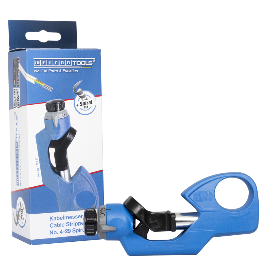 Cable Stripper No. 4-29 Spiral | round, longitudinal and spiral cutting from 4,5 – 29 mm I Blade depth conveniently adjustable from 0 - 3 mm with lockable control knob