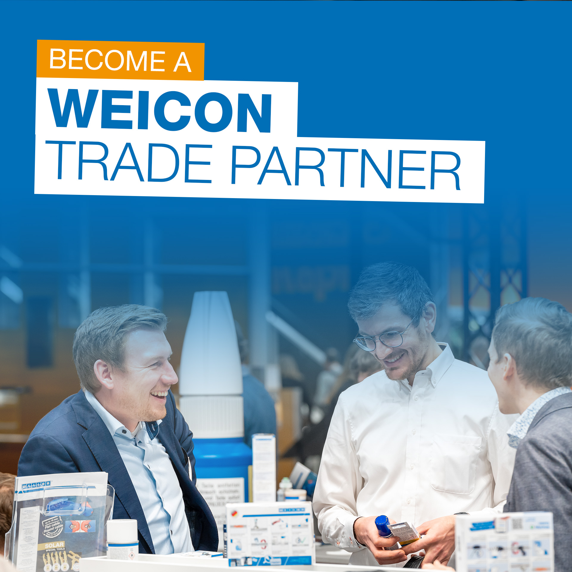 Trade show, Business meeting, Product display, Promotional banner, Blue background
