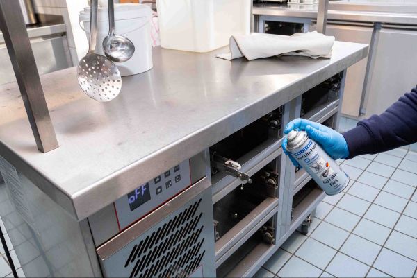 stainless steel, kitchen cabinet, gas range, oven door, spray can