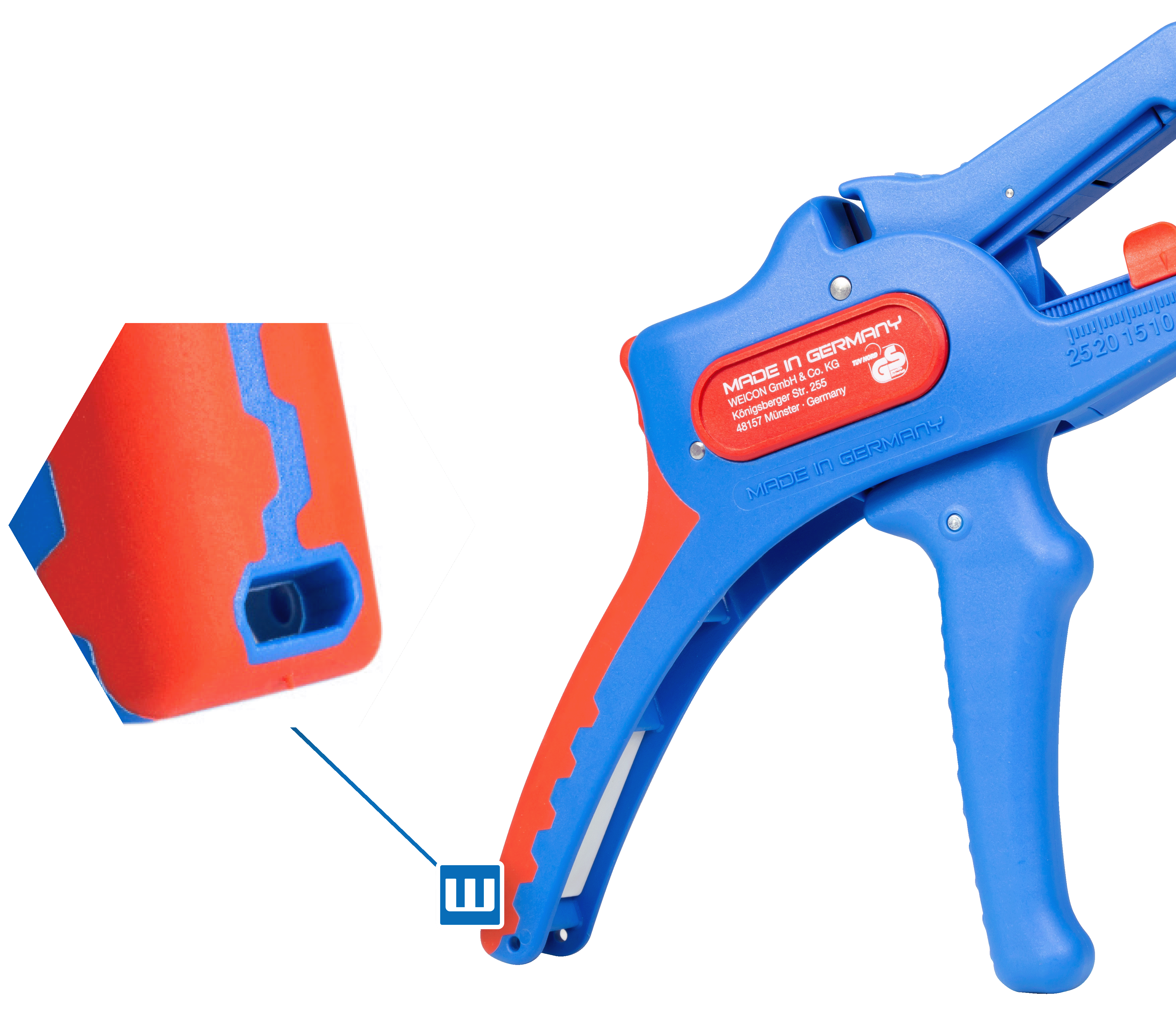 Abisolierzange Weicon Tools No. 5 Pro. Rechts daneben wird die Befestigungshülse in rangezoomz noch mal gezeigt