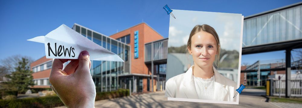 Pressemeldung_Weicon unterstuetzt mentale Gesundheit am Arbeitsplatz Collage von Weicon Gebäude im Sommer, ein Hand hat einen Papierflieger in der hat auf dem "News" steht, daneben ist ist Bild von Ann-Kathrin Weidling