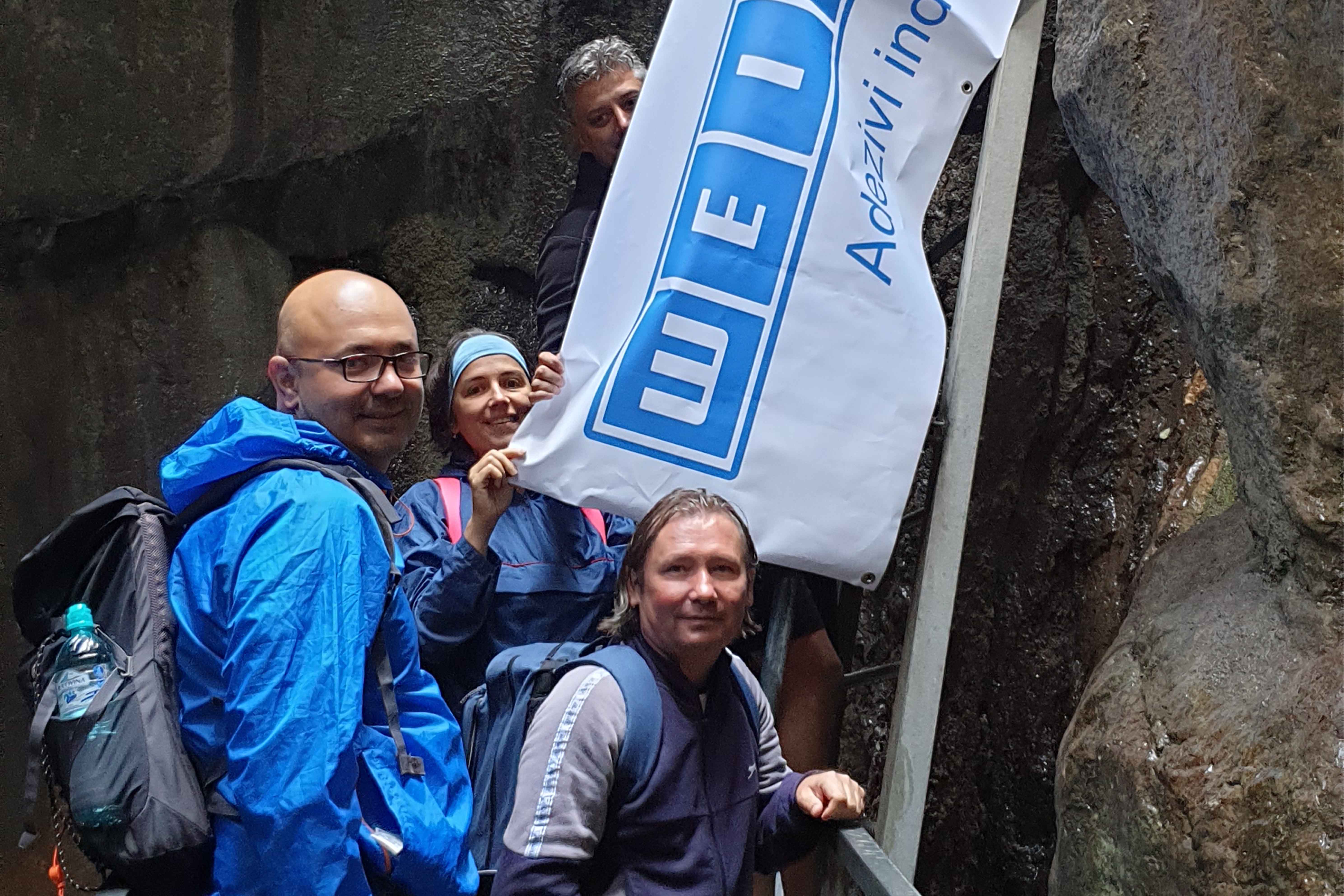 4 Personen stehen in zwischen Felsen und zeigen auf eine Flagge
