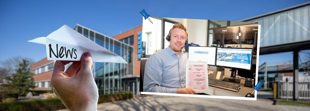 Pressemeldung_Partner des PVH_Weicon Collage von Weicon Gebäude im Sommer, ein Hand hat einen Papierflieger in der hat auf dem "News" steht, daneben ist ein Bild mit einem Mann, der am Schreibtisch sitzt und eine Urkunde in die Kamera hält