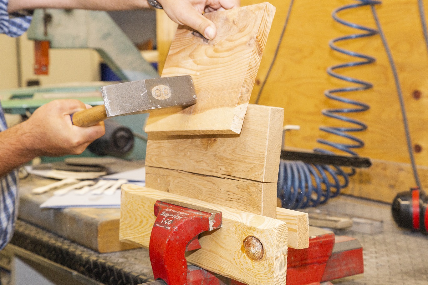 woodworking, hammer, clamp, wood blocks, sawing