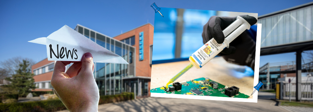 WEICON Epoxyd Minutenkleber gelb Collage von Weicon Gebäude im Sommer, ein Hand hat einen Papierflieger in der hat auf dem "News" steht, daneben ist ein Bild auf dem Weicon Epoxyd-Minutenkleber gelb auf eine Platine gegeben wird