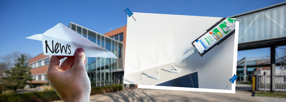 Header Pressebereich Flex 310 M Hybrid Collage von Weicon Gebäude im Sommer, ein Hand hat einen Papierflieger in der hat auf dem "News" steht, daneben ist ein Bild auf dem Weicon Flex 310 M Hybrid aufgetragen wird