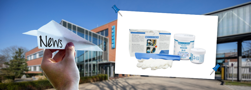 Collage von Weicon Gebäude im Sommer, ein Hand hat einen Papierflieger in der hat auf dem "News" steht, daneben ist eine Produktabbildung vom Epoxidharz-System Weicon Gl-S