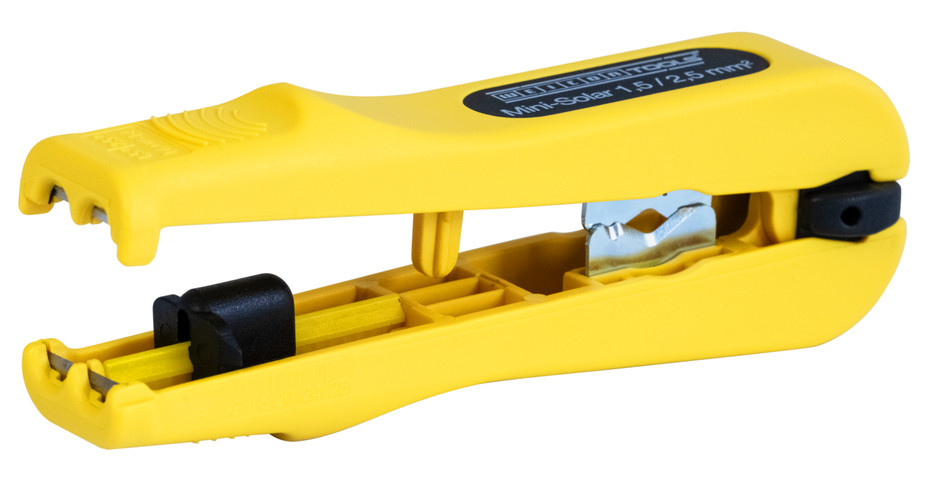 Mini-Solar 1,5/2,5 mm² | zum Entmanteln und Abisolieren gängiger Photovoltaik-Kabel mit einem Querschnitt von 1,5 & 2,5 mm² Mini-Solar 1,5/2,5 mm² | zum Entmanteln und Abisolieren gängiger Photovoltaik-Kabel mit einem Querschnitt von 1,5 & 2,5 mm²