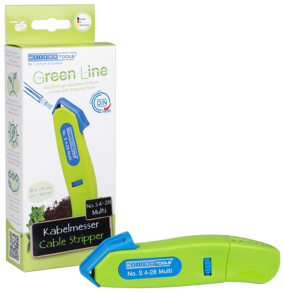 Kabelmesser No. S 4-28 Multi  Green Line | Abisolierwerkzeuge aus bis zu 97 % nachwachsenden Rohstoffen I Arbeitsbereich von 4 - 28 mm Ø I mit integrierter Abisolierfunktion von 0,5 - 6,0 mm²