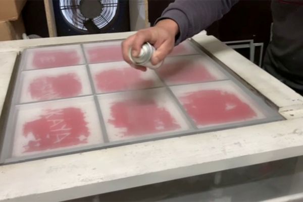 screen printing, pink ink, squeegee, printing frame, art studio