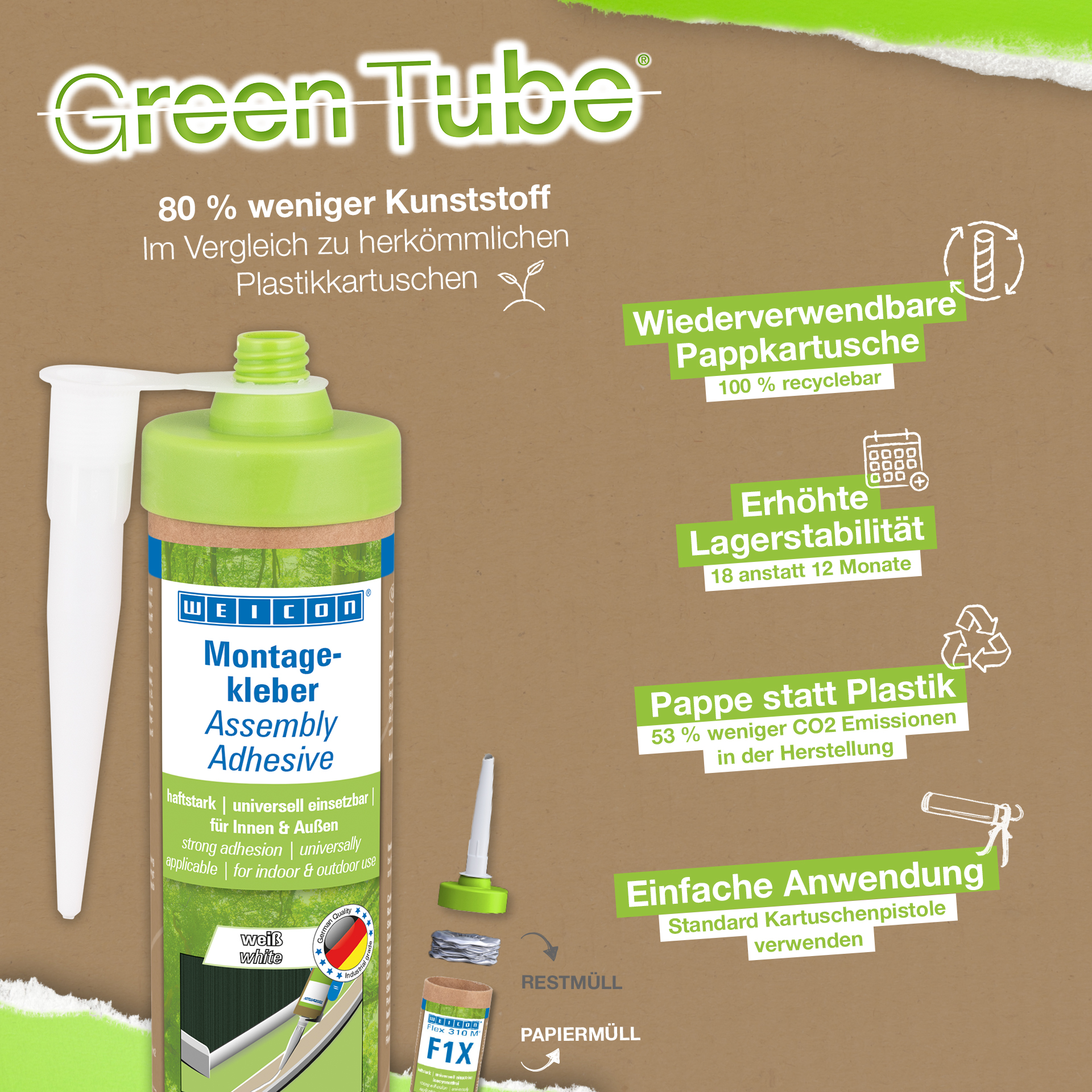 WEICON Green Tube Montagekleber | haftstarker Universalklebstoff für Innen und Außen