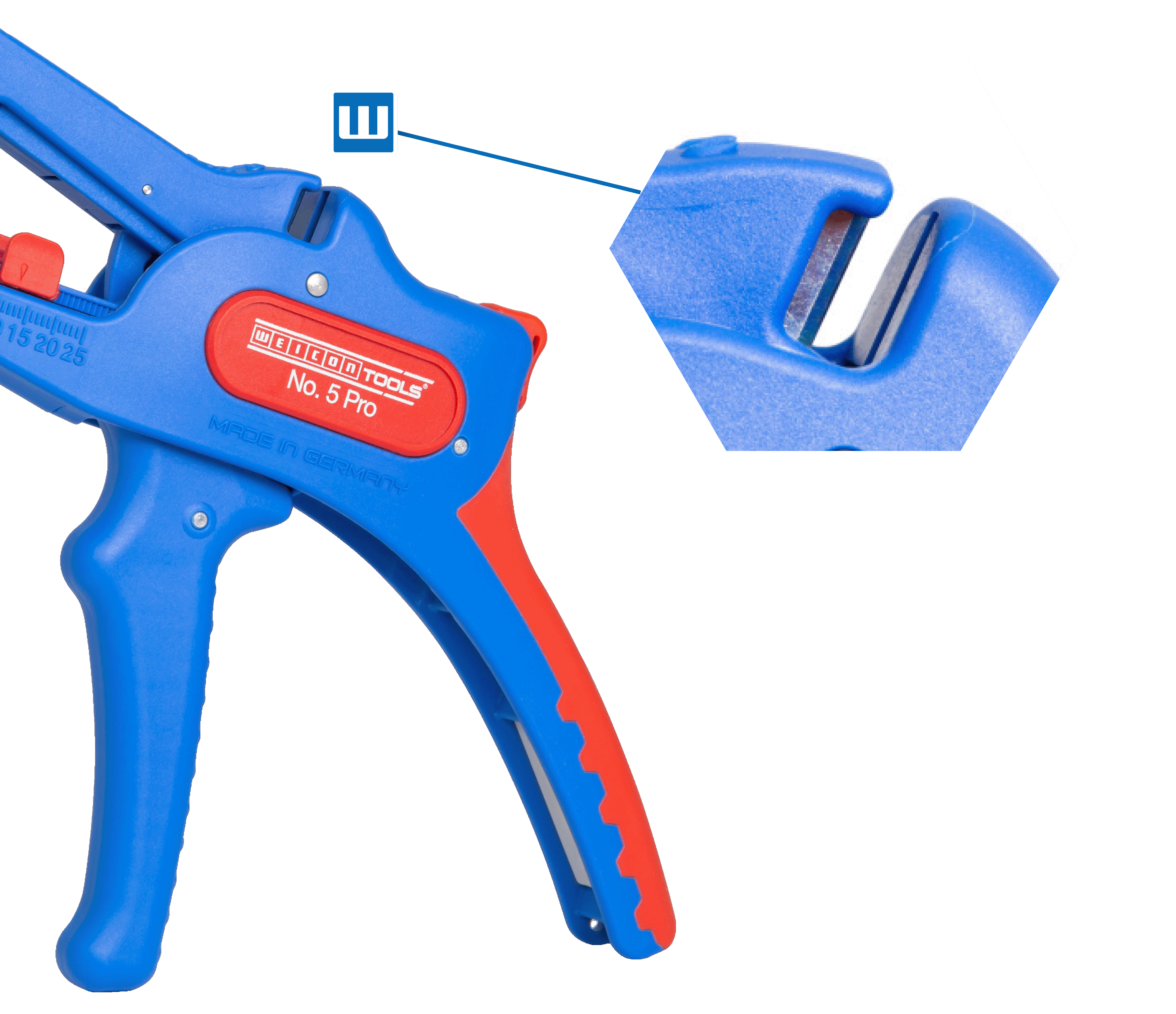Abisolierzange Weicon Tools No. 5 Pro. Rechts daneben wird der Bereich zum Kabelschneiden in rangezoomz noch mal gezeigt
