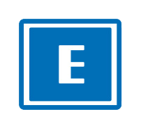 Buchstabe E ist in einem blauen Quadrat