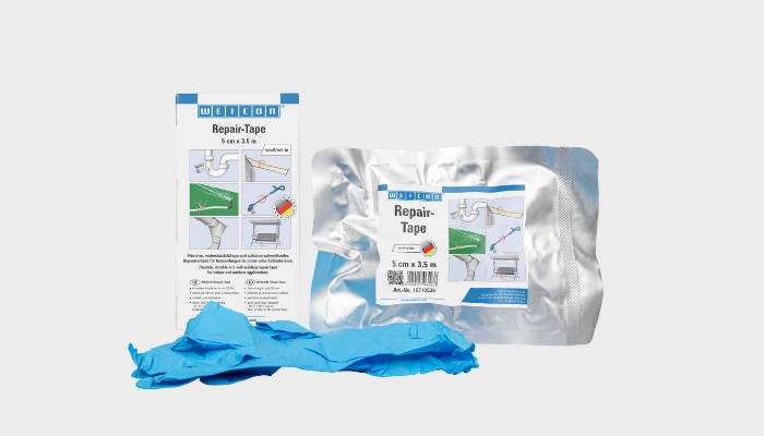 repair tape, tape roll, aluminium packaging, blue gloves, silvery pouch