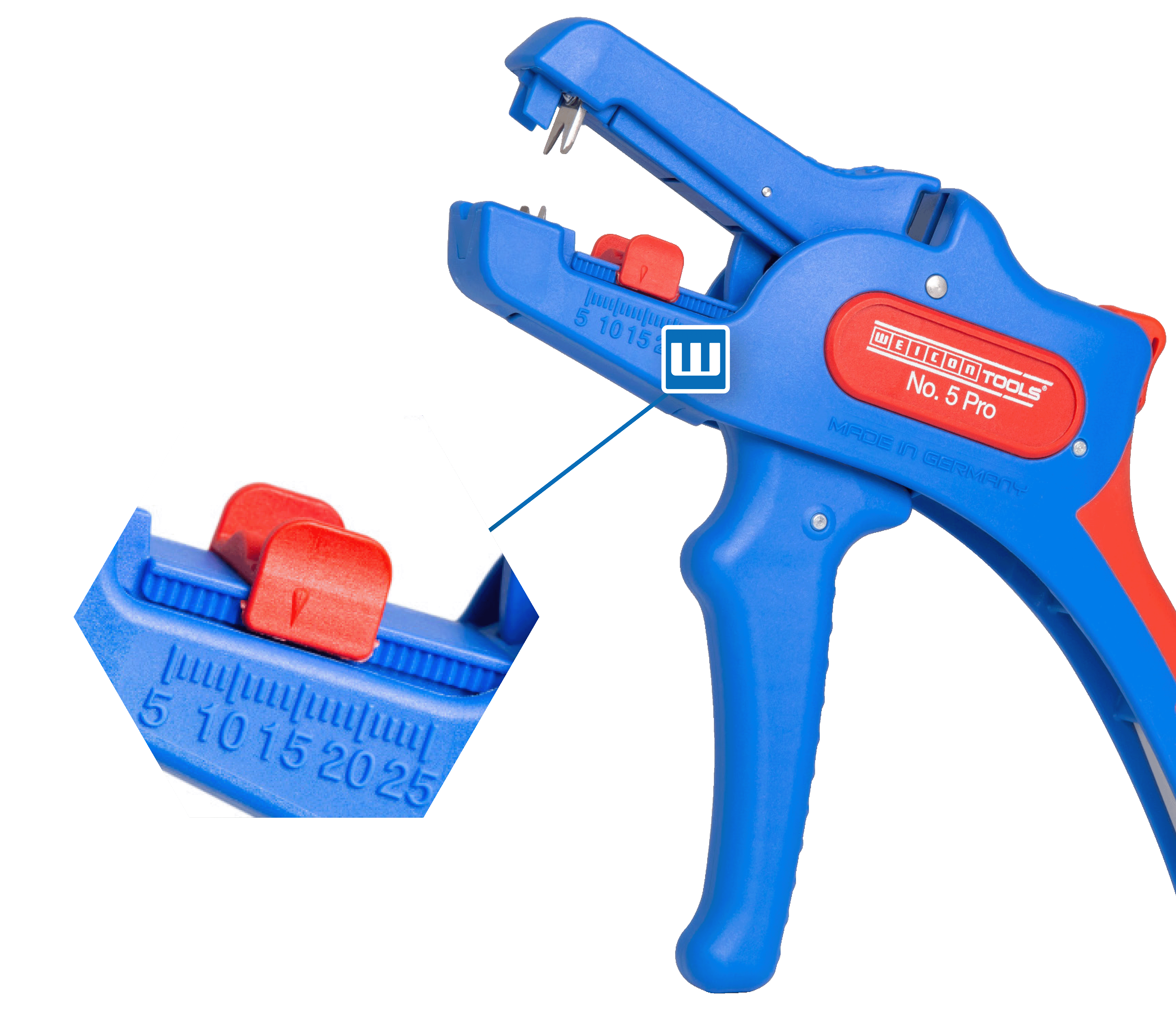 Abisolierzange Weicon Tools No. 5 Pro. Rechts daneben wird der Längenanschlag in rangezoomz noch mal gezeigt