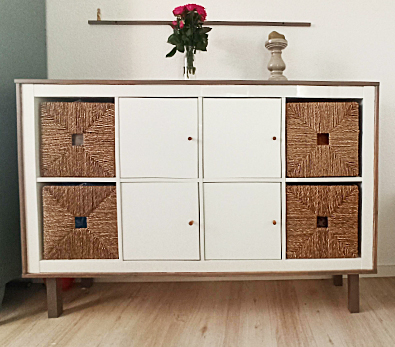sideboard, cabinet, storage, woven baskets, wooden legs