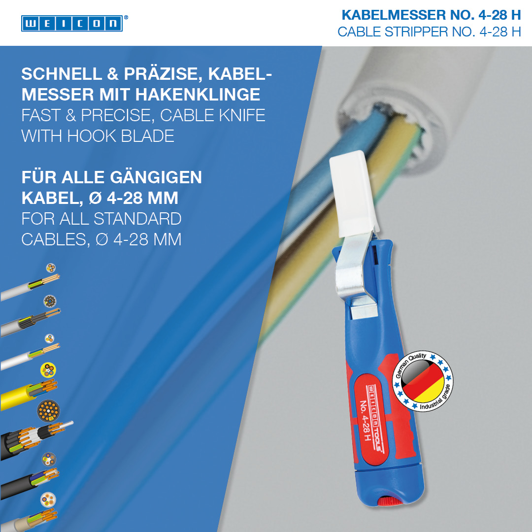 Kabelmesser No. 4-28 H | mit  2-Komponenten-Griff  inkl. Hakenklinge und Schutzkappe | Arbeitsbereich 4 - 28 mm Ø