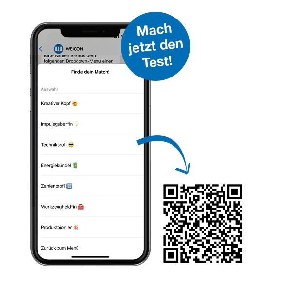 Smartphone auf dem ein Berufstest von Weicon gezeigt wird, daneben ist ein QR_Code über dem "Mach jetzt den Test! steht