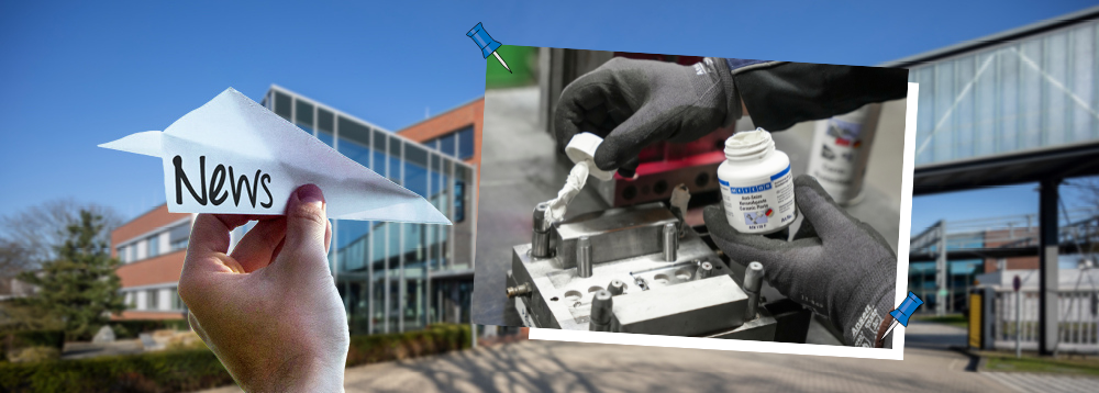 Header Anti Seize Keramikpaste Collage von Weicon Gebäude im Sommer, ein Hand hat einen Papierflieger in der hat auf dem "News" steht, daneben ist ein Bild auf dem eine Schraube mit Weicon Montagepaste eingeschmiert wird
