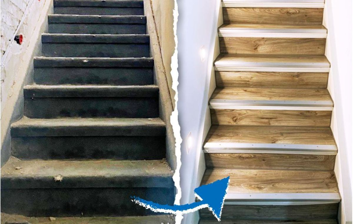 stair treads, wood-look finish, stair renovation, metal nosing