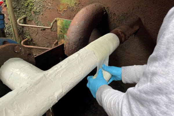 pipe, insulation, white, gloved hands, industrial