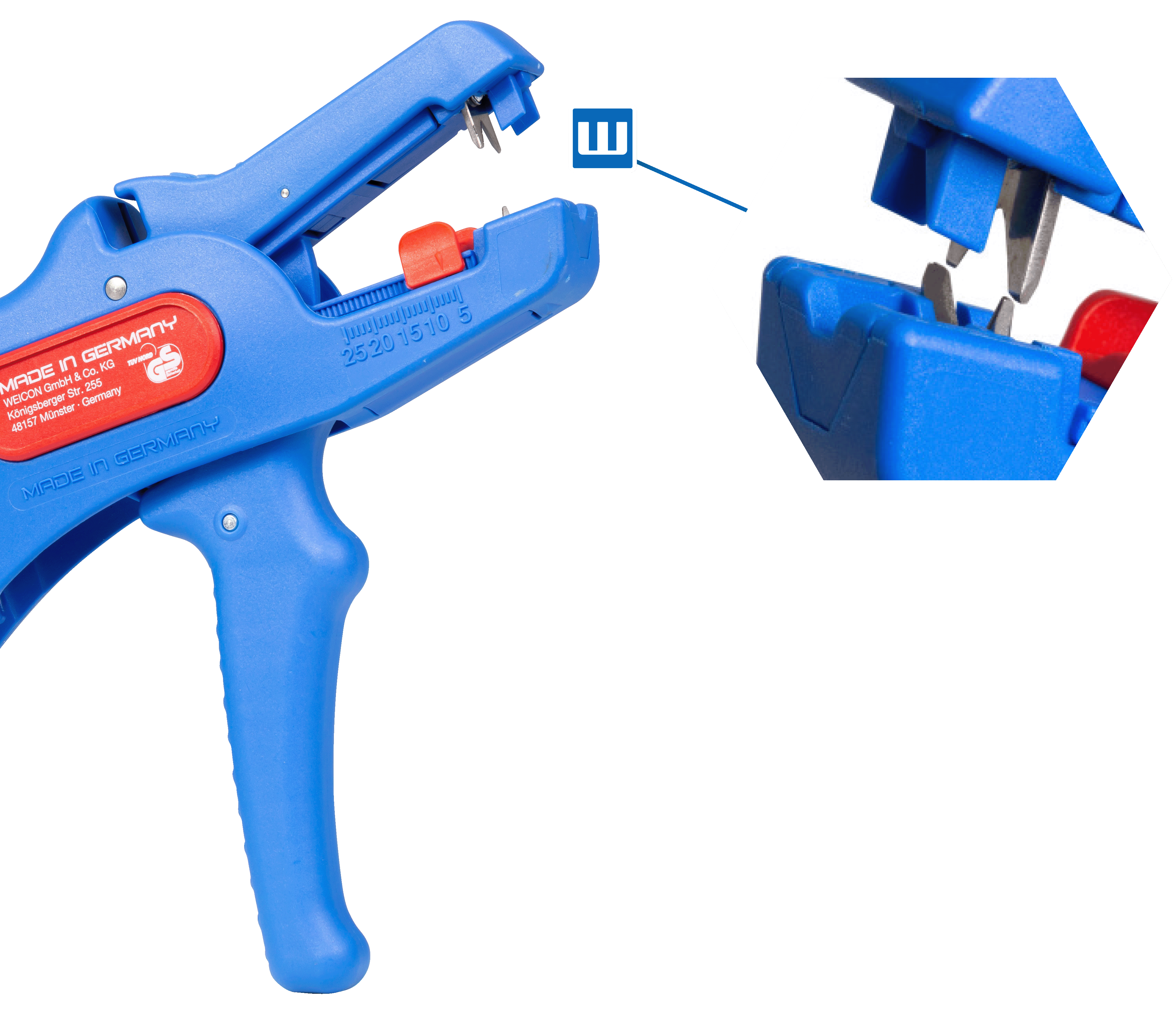 Abisolierzange Weicon Tools No. 5 Pro. Rechts daneben wird der Abisolierbereich in rangezoomz noch mal gezeigt