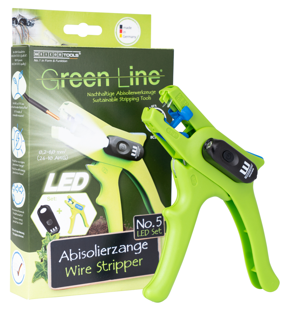 Abisolierzange No.5 Green Line LED Set | Abisolierwerkzeuge aus bis zu 97 % nachwachsenden Rohstoffen, 2-teiliges Set inkl. Abisolierzange und LED Work light