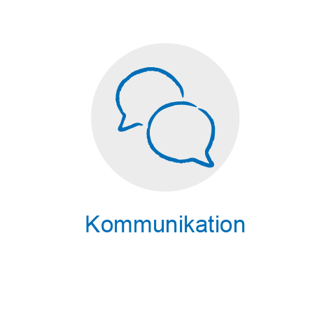 Icon mit zwei Sprechblasen, darunter steht Kommunikation