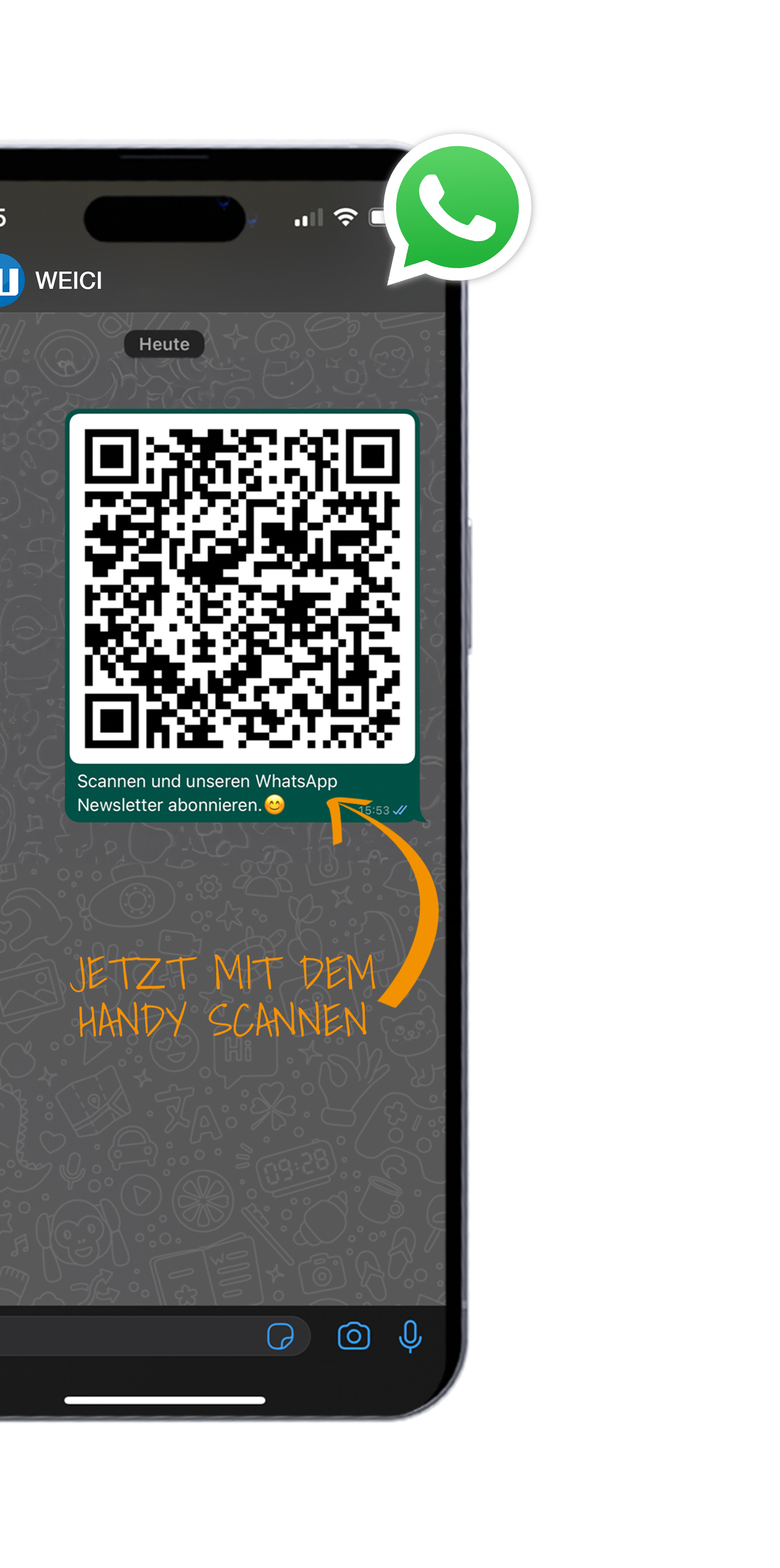 Smartphone auf dem ein QR-Code gezeigt wird. Oben rechts ist ein WhatsApp Logo, unter dem QR-Code steht "Jetzt mit dem Handy scannen"