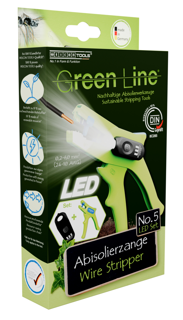 Abisolierzange No.5 Green Line LED Set | Abisolierwerkzeuge aus bis zu 97 % nachwachsenden Rohstoffen, 2-teiliges Set inkl. Abisolierzange und LED Work light