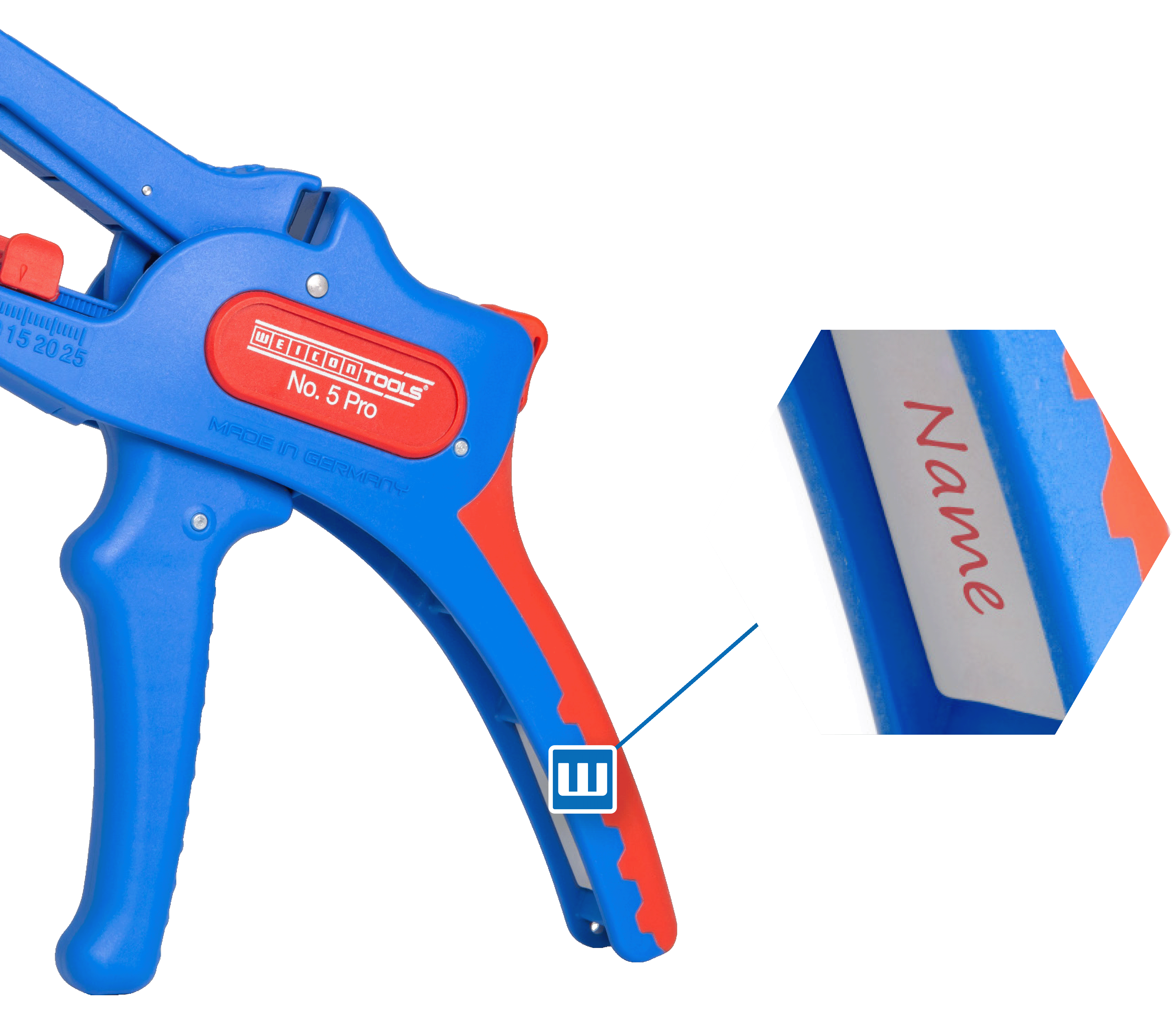 Abisolierzange Weicon Tools No. 5 Pro. Rechts daneben wird das Namensschild in rangezoomz noch mal gezeigt