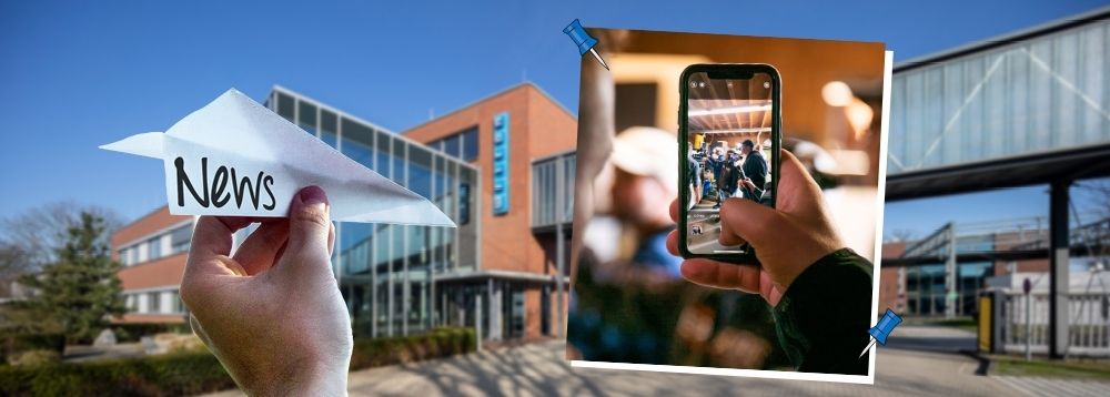 Pressemeldung_Influencer Tag bei Klebstoffhersteller Weicon Collage von Weicon Gebäude im Sommer, ein Hand hat einen Papierflieger in der hat auf dem "News" steht, daneben ist ein Bild auf dem eiin Handy in einer Hand ist und eine Gruppe fotografiert wird