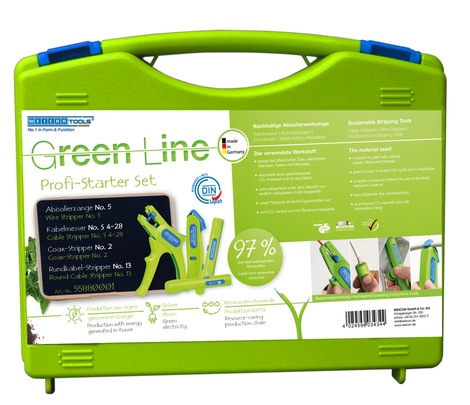 Profi-Starter Set Green Line | Abisolierwerkzeuge aus bis zu 97 % nachwachsenden Rohstoffen, 4-teiliges Abisolier-Set für die Hausinstallation