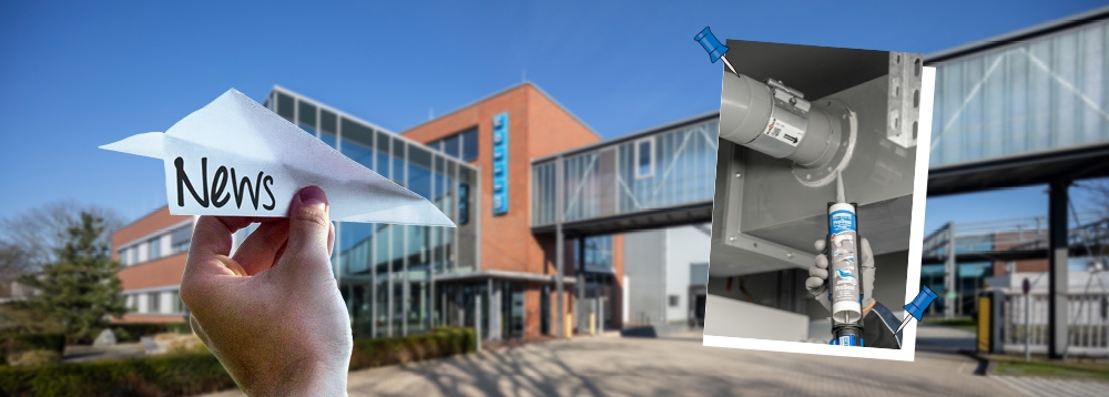 Collage von Weicon Gebäude im Sommer, ein Hand hat einen Papierflieger in der hat auf dem "News" steht, daneben ist ein Bild auf dem ein Lüftungsschacht mit Weicon ProSeal abgedichtet wird