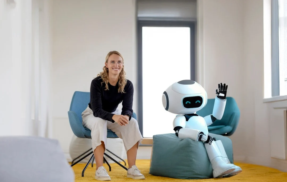 robot, companion robot, white casing, black screen, humanoid design