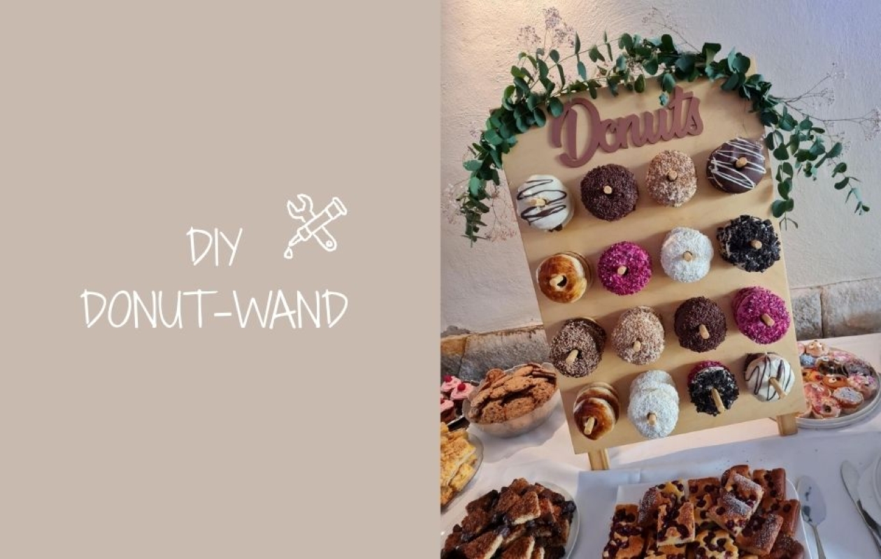 donut display, wooden board, decorative sign, donut wall, eucalyptus garland