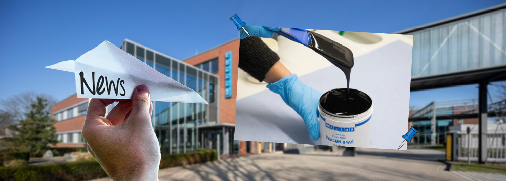 WEICON B4AS Collage von Weicon Gebäude im Sommer, ein Hand hat einen Papierflieger in der hat auf dem "News" steht, daneben ist ein Bild auf dem Weicon B4AS mit einem blauen Spatel vermengt wird