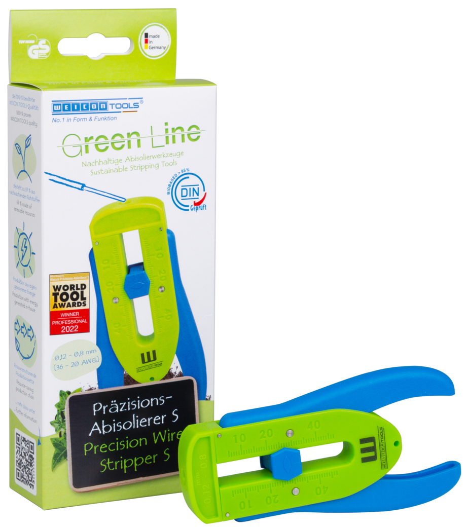 Precision Wire Stripper S Green Line | Stripping tools made from up to 97% renewable raw materials I for thin conductors and wires, stripping range from 0,12 mm - 0,8 mm (36-20 AWG)