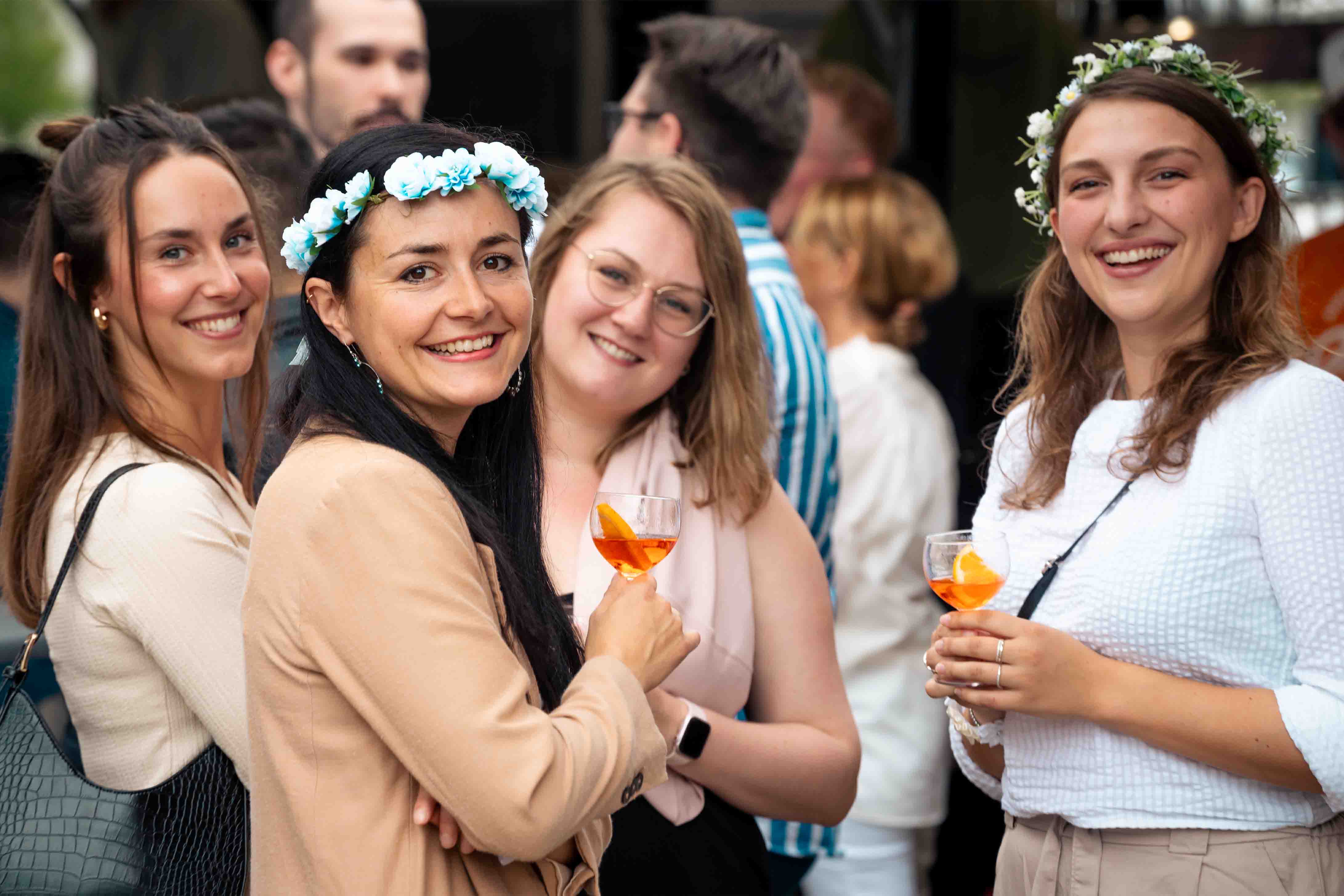 women, party, drinks, flower crowns, casual outfits