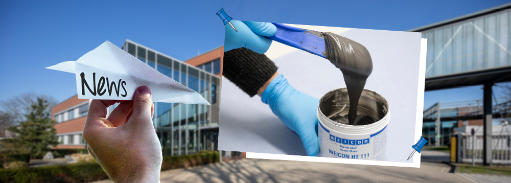 Header WEICON HT 111 Collage von Weicon Gebäude im Sommer, ein Hand hat einen Papierflieger in der hat auf dem "News" steht, daneben ist ein Bild auf dem Weicon HT 111 vermengt wird