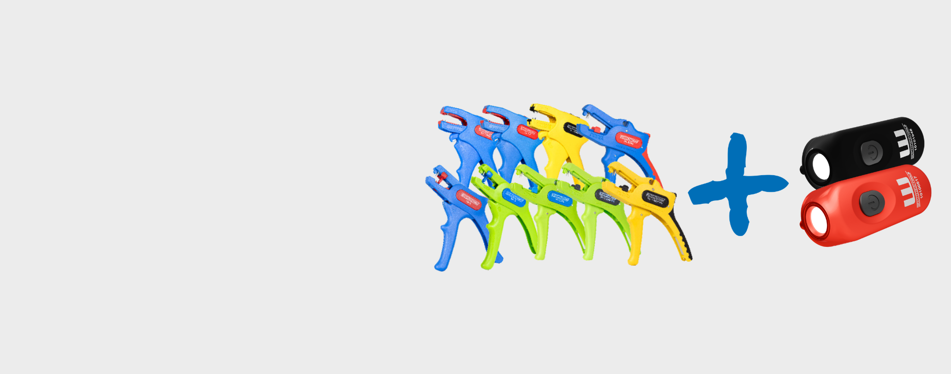 wire strippers, plus sign, led lights in black and red, water gun, toy blaster, multi-color, set, flashlight not included