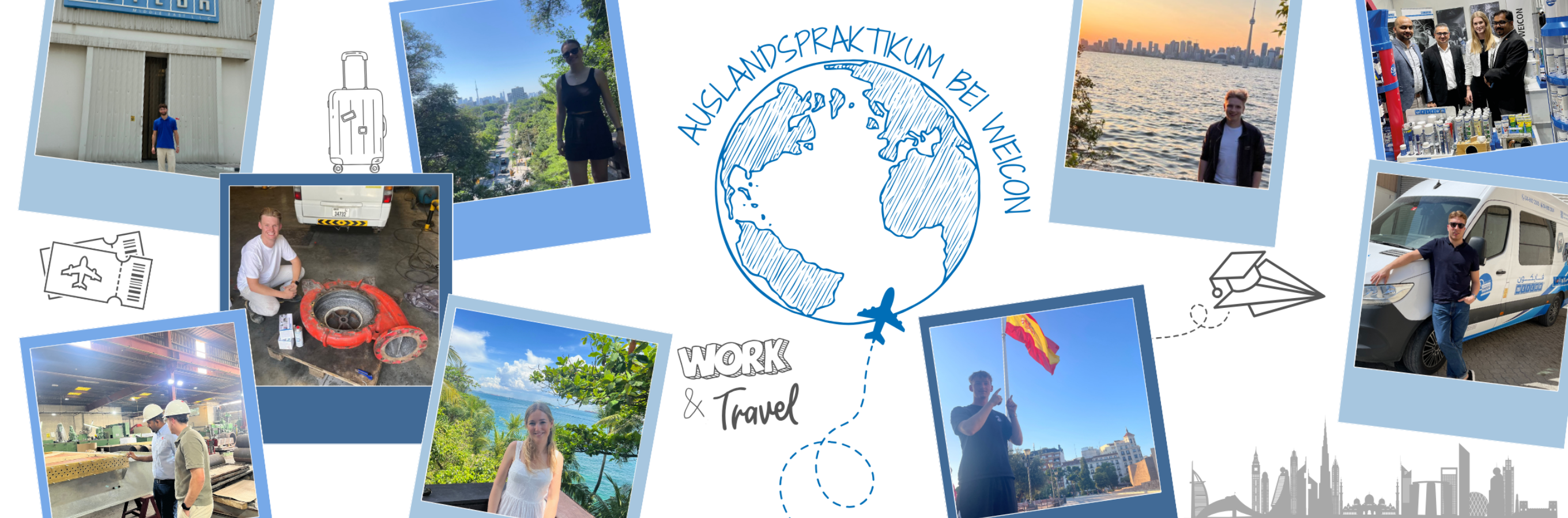 travel collage, work and travel, photo montage, globe illustration, airplane graphic