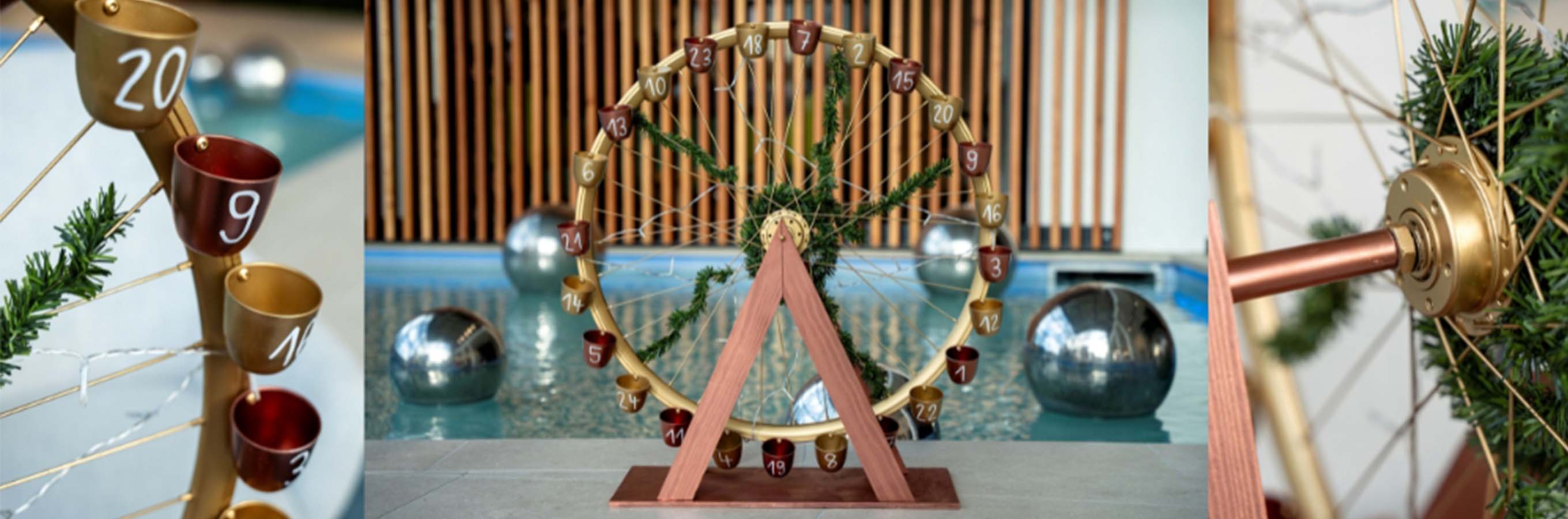 Advent calendar, Metal frame, Numbered cups, Gold and red, Freestanding