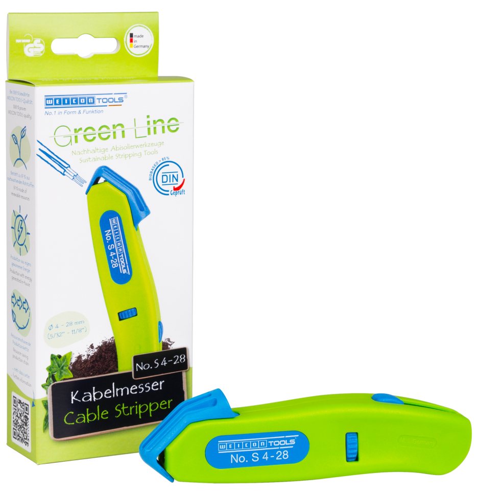 Cable Stripper No. S 4 - 28 Green Line | Stripping tools made from up to 97% renewable raw materials I with retractable hook blade I working range 4 - 28 mm Ø