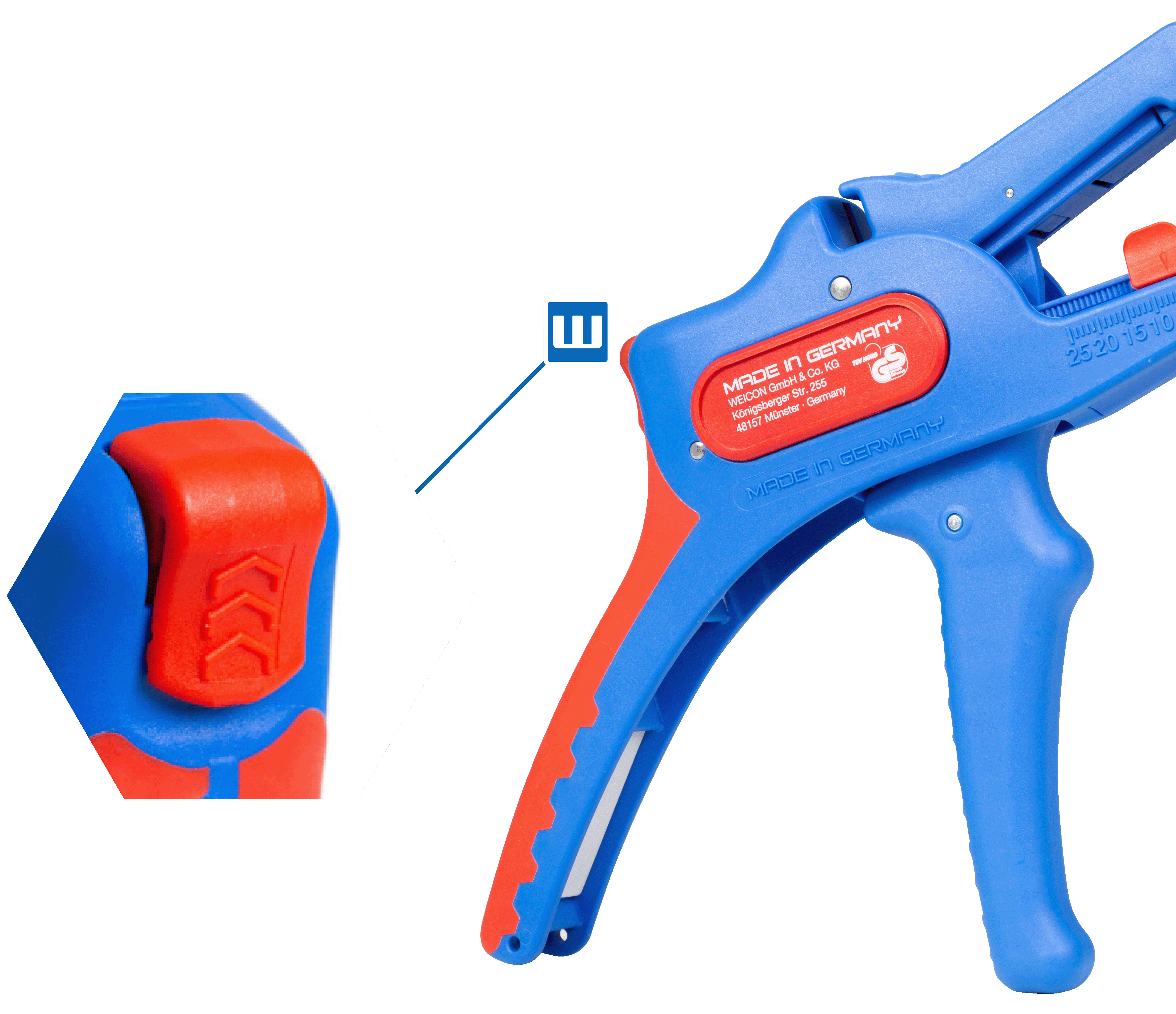 Abisolierzange Weicon Tools No. 5 Pro. Rechts daneben wird der Arretierbereich in rangezoomz noch mal gezeigt